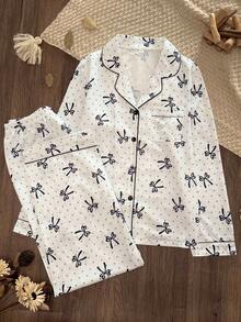 Women's Small Butterfly Polka Dot Print Front Button Pajama Set, Contrast Trim Lapel Long Sleeve Long Pants Loungewear 2 Pieces Set - Multicolor - View 8