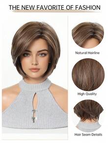 Wig Bob Pendek Wanita 8 Inci, Rambut Sintetis, Gaya Bob Berlapis Cokelat Alami, Wig Rambut Pendek Lurus Belahan Samping, Cocok untuk Pemakaian Sehari-hari dan Pesta - MultiWarna - View 3