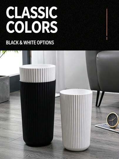 1pc Simple Striped Trash Can, White, Black, Beige For Bedroom, Living Room, Bathroom, Wastebasket, Trash Storage Bin, Suitable For Home, Office
