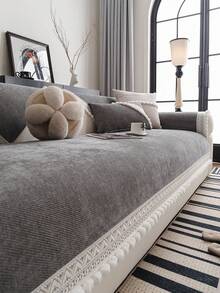 1pc Nordic Style Solid Color Minimalist Versatile Sofa Cushion, Lace Trim & Pom Pom Decor, All-Season Non-Slip Sofa Cover, Machine Washable, Pet-Friendly, Suitable For Single, Double, Triple, Quadruple And Sectional Sofas, Jacquard Craft, Home Decor - Dark Grey - View 5