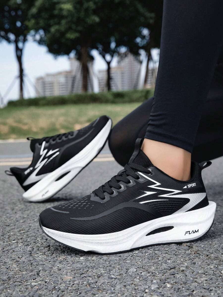 Professional Marathon Cushioning Sports Shoes, Perforated Mesh Upper, Lightning Design, Shock-Absorbing Gradient Midsole, Fitness Training Athletic Shoes - Black - View 1