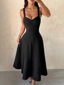 Women's Summer Black A-Line Spaghetti Strap Elegant Dress For Birthday, Holiday, Party - Black - View 2