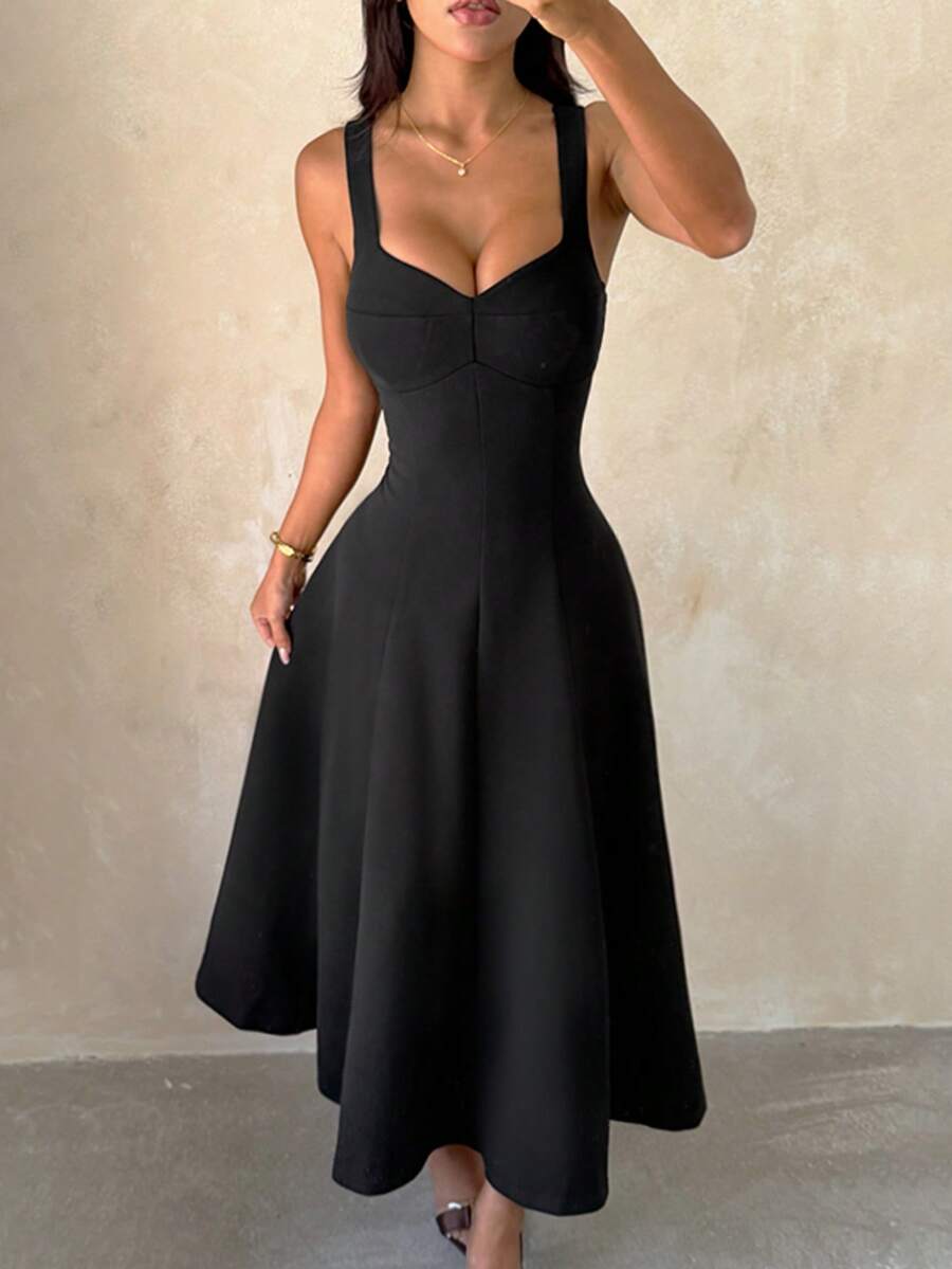 Women's Summer Black A-Line Spaghetti Strap Elegant Dress For Birthday, Holiday, Party