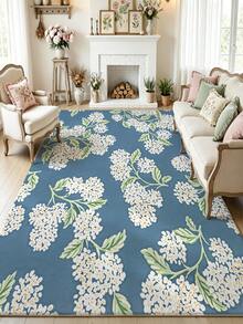 Alfombra de estilo floral azul oscuro y blanco para sala de estar, tamaño grande y suave. Adecuada para cocina, comedor, dormitorio, interior/exterior, oficina, pasillo, felpudo antideslizante, corredor, estudio, alfombra decorativa de cachemira sintética para vacaciones. - Azul Marino - Ver 2