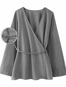 Camisa cruzada de color liso y estilo casual versátil para mujer - Gris - Ver 2