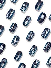 24pcs Square Wearable Nails, Blue Medium-Long Skull And Floral Pattern Fake Nails, Halloween Nail Art - Multicolor - View 2