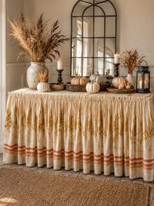 1pc Farmhouse Style Autumn Table Skirt, Gold Wheat Ear Striped Vintage Print Pleated Tablecloth, Hook And Loop Anti-Wrinkle Washable, Suitable For Thanksgiving Harvest Party, Autumn Wedding Buffet, Catering Event Table Decoration - Multicolor - View 1
