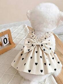 Deep Autumn Corduroy Spaghetti Strap Princess Dress, All-Over Black Heart Print, Frill Trim, Shoulder Strap With Large Bow, Cat & Dog Formal Gown - Apricot - View 1