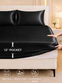 1pc Solid Color Satin Fitted Sheet, Silky Soft Skin-Friendly Breathable Bedding, Elastic Deep Pocket Fitted Sheet, Machine Washable Easy Care, Suitable For Twin/Full/Queen/King Bed, Bedroom Decor - Black - View 6