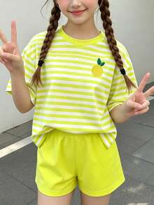 女童 2 件組檸檬黃針織套裝，條紋刺繡檸檬短袖 T 恤搭配純色檸檬黃鬆緊腰短褲 - 黃色 - 查看 2
