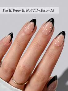 150pcs Short Almond Black French Gel Fake Nails With White Polka Dot Pattern, Matte French Manicure Nails, Durable And Reusable, 15 Sizes For DIY Nail Art, Suitable For Women And Nail Salons - Black - View 3