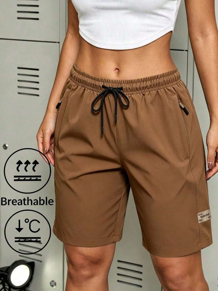 Women's Shorts, Summer Solid Color Quick-Dry Shorts, Zipper Pocket Casual Sports Pants - Coffee Brown - View 1