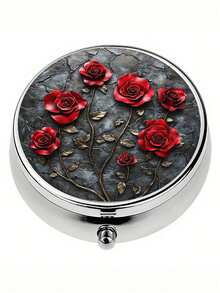 1pc 3-Compartment Pill Box, Rose Pattern Mini Pill Box, Medicine Storage Box, Decorative Metal Pill And Vitamin Storage Box - Multicolor - View 2