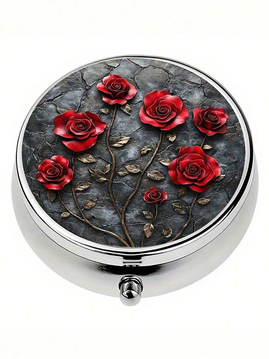 1pc 3-Compartment Pill Box, Rose Pattern Mini Pill Box, Medicine Storage Box, Decorative Metal Pill And Vitamin Storage Box