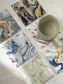 Ins Style Gilded Fluid Marble Pattern Ceramic Coaster, Minimalist High-Definition Printed Waterproof Heat-Resistant Square Ceramic Desktop Protector, Suitable For Home Decor, Refrigerator, Daily Use And Holiday Birthday Gift - Multicolor - View 4