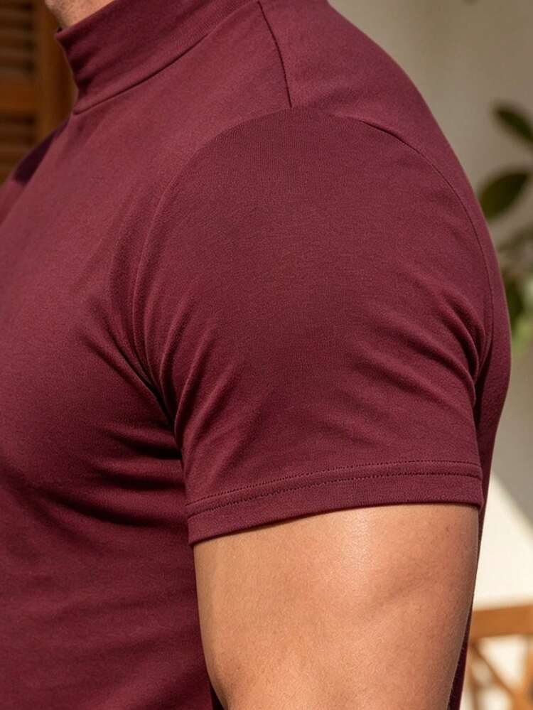 ALTZTAR Men's Loose Fit Thin Mock Neck Short Sleeve T-Shirt, Simple & Fashionable, Suitable For Summer - Burgundy - View 4