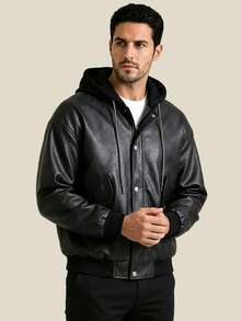 AHTELB Black Faux Leather Motorcycle Jacket, Casual Baseball Collar Leather Jacket, Loose Hooded Leather Jacket For Autumn/Winter, Hooded Leather Top, Vintage Street Style Leather Jacket, Versatile Black Leather Jacket For Commuting, Drawstring Hooded Casual Leather Jacket, Gift For Husband, Boyfriend, Friend, Client, Father - Black - View 5