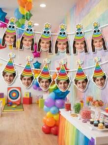 10/20/30PCS Custom Photo Rainbow Striped Party Hat Birthday Garland, Personalized Two Style Funny Party Hat Banner, Photograph Backdrop,Funny Rainbow Theme Birthday Party Decor,Keepsake Gift - Multicolor - View 6
