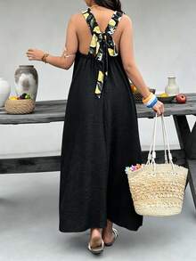 Plus Size Women's Spring/Summer Lemon Print Contrast Color Shoulder Strap Backless Casual Vacation Dress - Black - View 5