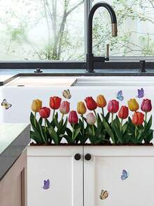 Various Tulip Flower Wall Stickers, PVC, Waterproof, Removable And Self-Adhesive. Sunflower And Butterfly Orchid Pot Window Stickers, Baseboard Stickers, French Country Style For Doors And Walls, DIY Home Soft Decorations. - Wall Stickers - View 10