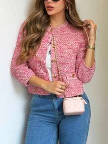 Stylish And Elegant Women's Knitted Cardigan, Three-Quarter Sleeves, Crew Neck, Gold Buttons, Perfect For Transitional Autumn And Winter Outfits. Fall - Multicolor - View 6