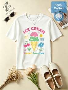 ICE CREAM Sweet Pastel Cotton Sundae & Fruit Print Graphic T-Shirt For Summer Vacation - 白色 - 查看 1