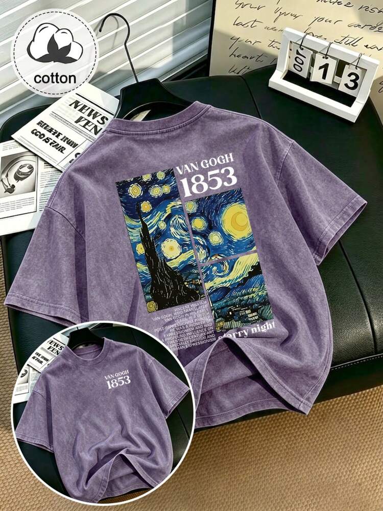 Vintage Washed Van Gogh Starry Sky Graphic Letter Print Plus Size T-Shirt, Women Casual Loose Summer Top - Mauve Purple - View 11