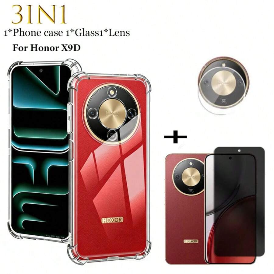 3-In-1 New Honor X9D Phone Case: Transparent Anti-Fall Protective Cover, TPU Silicone Soft Shell, Shock-Proof & Fashionable + 9H Hardness Tempered Glass Screen Protector, Anti-Scratch Anti-Explosion Anti-Bubble, Suitable For Gaming + 3 Pcs Lens Film, Easy Installation Kit - Clear - View 1