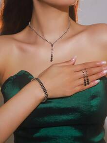 3件組女士水鑽裝飾項鍊、吊墜耳環與手鍊－適合女性日常配戴、婚禮、派對及其他場合 - 銀黑色 - 查看 1