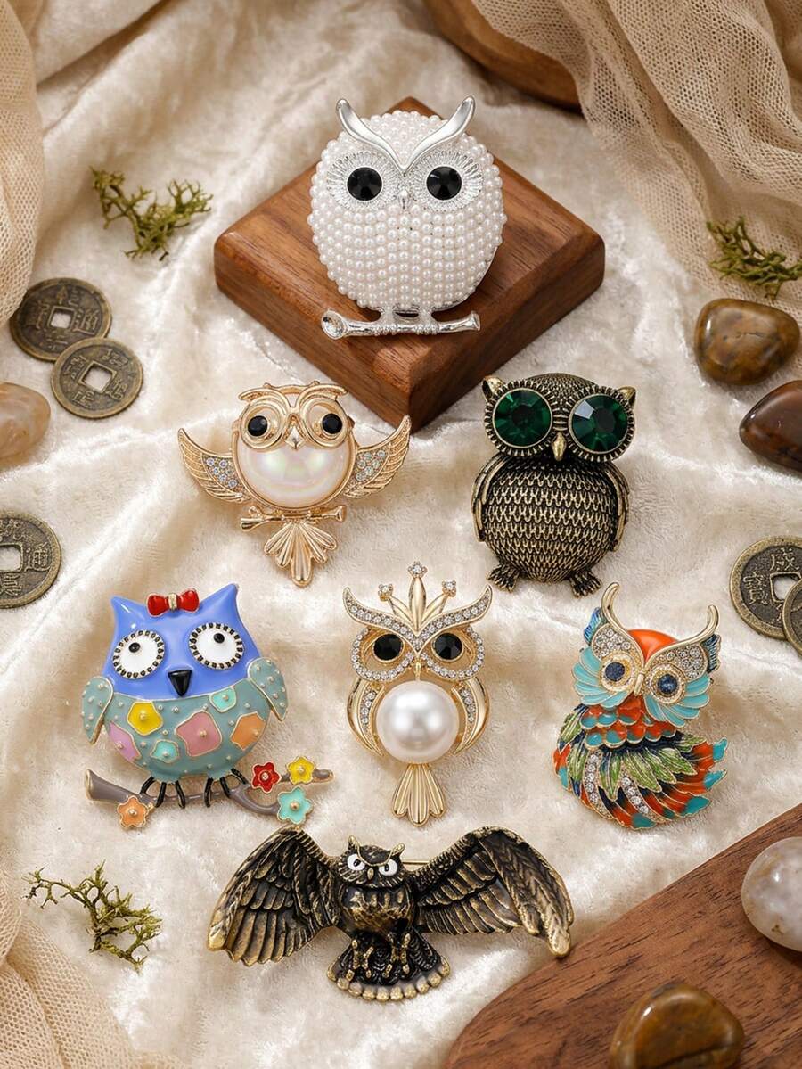 Luxus Emaille Perlen Eulen Brosche - Vogel Tier Anstecknadeln für Frauen Unisex Lässig Party Schmuck Accessoires / Freunde Geschenke Abzeichen Dekoration - Eule - Übersicht 1