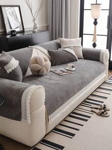1pc Nordic Style Solid Color Minimalist Versatile Sofa Cushion, Lace Trim & Pom Pom Decor, All-Season Non-Slip Sofa Cover, Machine Washable, Pet-Friendly, Suitable For Single, Double, Triple, Quadruple And Sectional Sofas, Jacquard Craft, Home Decor - Dark Grey - View 4