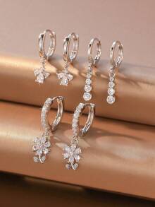 6pcs/Set Fresh Copper Inlaid Full Cubic Zirconia Flower Round Diamond Pendant Hoop Earrings Set Suitable For Women's Daily Commute And Date Wear - Flowers - View 11