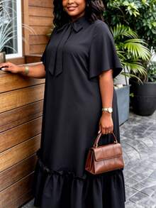 AOMEI Women Plus Size Black Loose Long Dress, Bow Collar With Ruffle Hem, African Minimalist Solid Color, Casual Church Style - Black - View 6