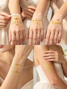 10 pièces Autocollants de tatouage temporaire doré métallique, tatouages de bras brillants et imperméables pour enterrement de vie de jeune fille, douche nuptiale, cadeaux de demoiselle d'honneur de mariage, accessoires de vacances, cadeaux de décoration artisanale, ensemble de fête - Doré - Voir 6