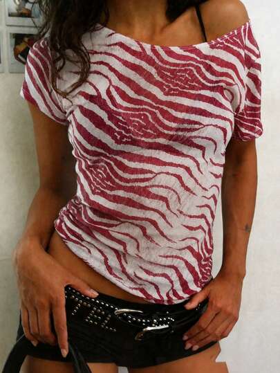 Sexy Summer Women's Graphic Print Mesh Short Sleeve Top, Concert, Outing Top Casual Red