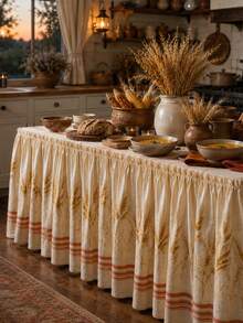 1pc Farmhouse Style Autumn Table Skirt, Gold Wheat Ear Striped Vintage Print Pleated Tablecloth, Hook And Loop Anti-Wrinkle Washable, Suitable For Thanksgiving Harvest Party, Autumn Wedding Buffet, Catering Event Table Decoration - Multicolor - View 2