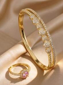 18K Gold Plated Pink Round Zirconia Jewelry Set, Adjustable Open Cuff Bracelet And Ring, Elegant Women's Accessories, Suitable For Daily And Party Occasions - Multicolor - View 3