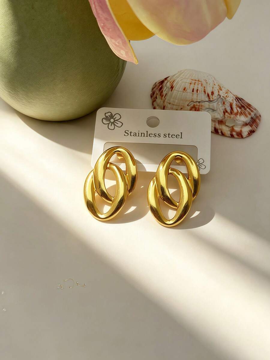 1 Pair Fashionable Elegant Vintage Metallic Texture 3D Double Ring ...