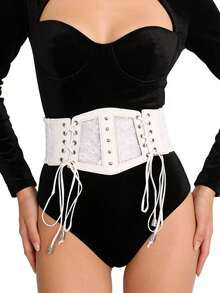 1pc Women's White Wide Elastic Waistband Corset Belt Lace Mesh Sexy Waist Cincher Accessory Suitable For Halloween Party Or Daily Wear - White - View 2