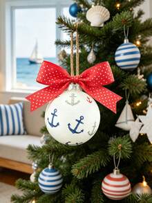 A 3.94-Inch Nautical-Style Decorative Glass Ball Featuring A Red-And-White Polka-Dot Bow; Suitable For Christmas Trees, Valentine's Day, Home Decor, New Year's, And Parties. - 1PC Premium Decorative Ball - View 1