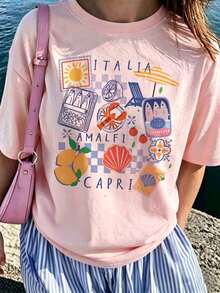 Kaos Motif Pantai Italia Ukuran Besar Wanita Longgar Leher Bulat Lengan Pendek Motif Lemon & Makanan Laut Desain Kasual Atasan Merah Muda Musim Panas - Berwarna merah muda - View 4