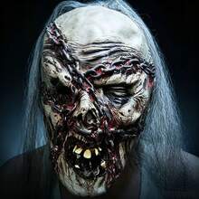 1pc Realistic Rotten Corpse Mask, Horror Bloody Chain Wound Undead Mask With Grey Wig, Scary Monster Mask, Suitable For Carnival Party, Horror Attraction Props - Multicolor - View 1