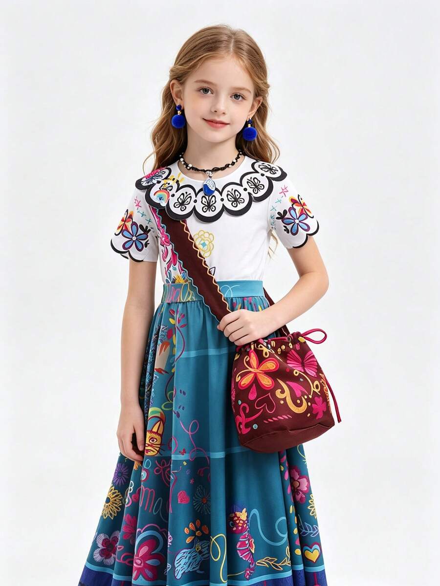 3PCS Girls Dress Set, Children Short Sleeve Princess Dress, Girls Costume Dress Up, Kids Printed Dress Cute Dress, Holiday Celebration Gown (With Bag) - Blue - View 1