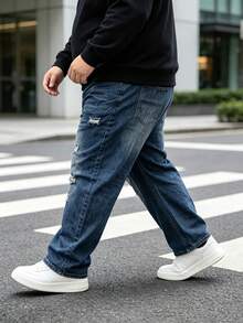 Men Elastic Waist Vintage Ripped Straight Jeans, Multifunctional Non-Stretch Plus Size Distressed Blue Loose Denim Street Pants - Navy Blue - View 3