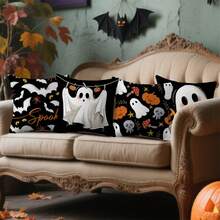 4pcs Cute Ghost Halloween Pillow Covers, Cartoon Bat, Spider, Pumpkin, Skull, Mushroom Cushion Covers, Black Background Minimalist Spooky Farmhouse Style Sofa Home Decor, Single-Sided, Pillow Insert Not Included - Black - View 6