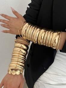 Random 13pcs/9pcs/4pcs/1pc Vintage Elegant Exaggerated Bohemian Style Women's Metal Iron Plate Bracelets, Suitable For Daily Casual, Party And Summer Vacation Travel Wear, Gift - Gold - View 4