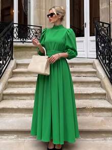 Vestido elegante y sofisticado para mujer de otoño con cintura ceñida, falda completa, unicolor, bolsillos y cinturón con lazo - Verde - Ver 1