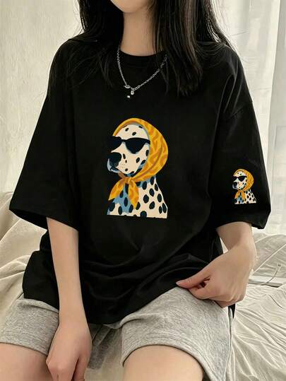女款夏季新款 Gen Z Y2K 風格趣味斑點狗圖案圓領短袖休閒 T 恤