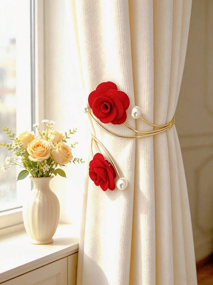 2pcs/1PC Faux Pearl Flower Alloy Curtain Tiebacks, No-Drill Curtain Storage Clips, Rose Flower Curtain Tiebacks, Metal & Polyester Floral Curtain Tiebacks, Suitable For Various Curtain Storage & Decoration, Alloy, Curtain Tiebacks, Curtain Storage, Window Decor - Multicolor - View 17