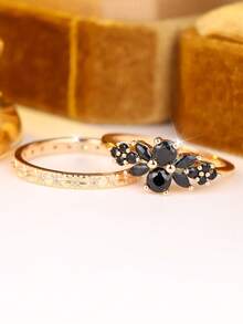 2Pcs Vintage Black Floral Stackable Rings Gothic Star Thin Band Set Golden Plated Rhinestone Finger Rings Jewelry For Women Party Evening Accessories - Black - View 4